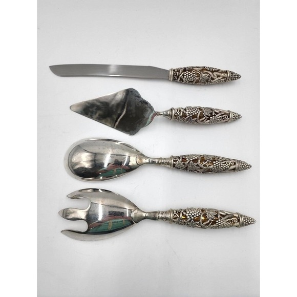 Godinger Silver-Plated Filigree Grape Handle Amber Crystal Silverware Set - Picture 2 of 9